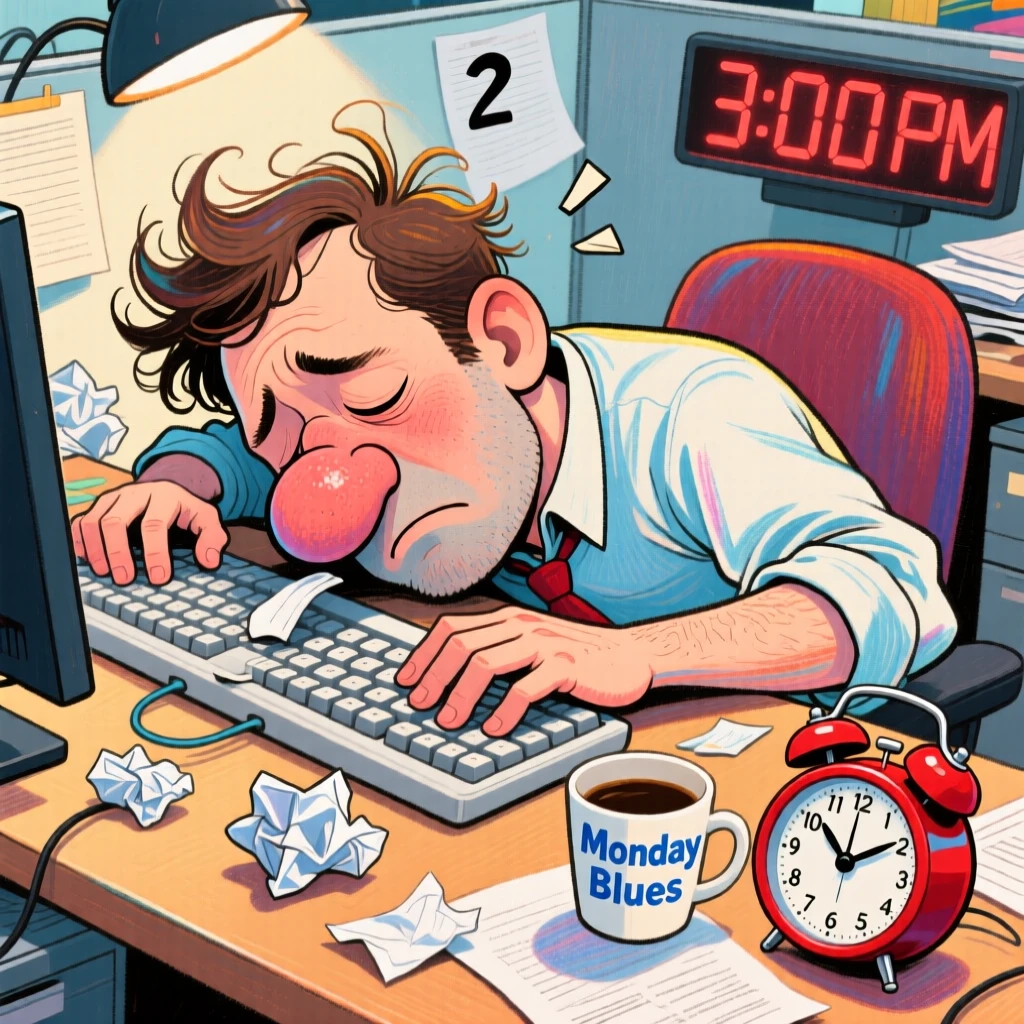 A man falling asleep at his desk with his face smushed into a keyboard.