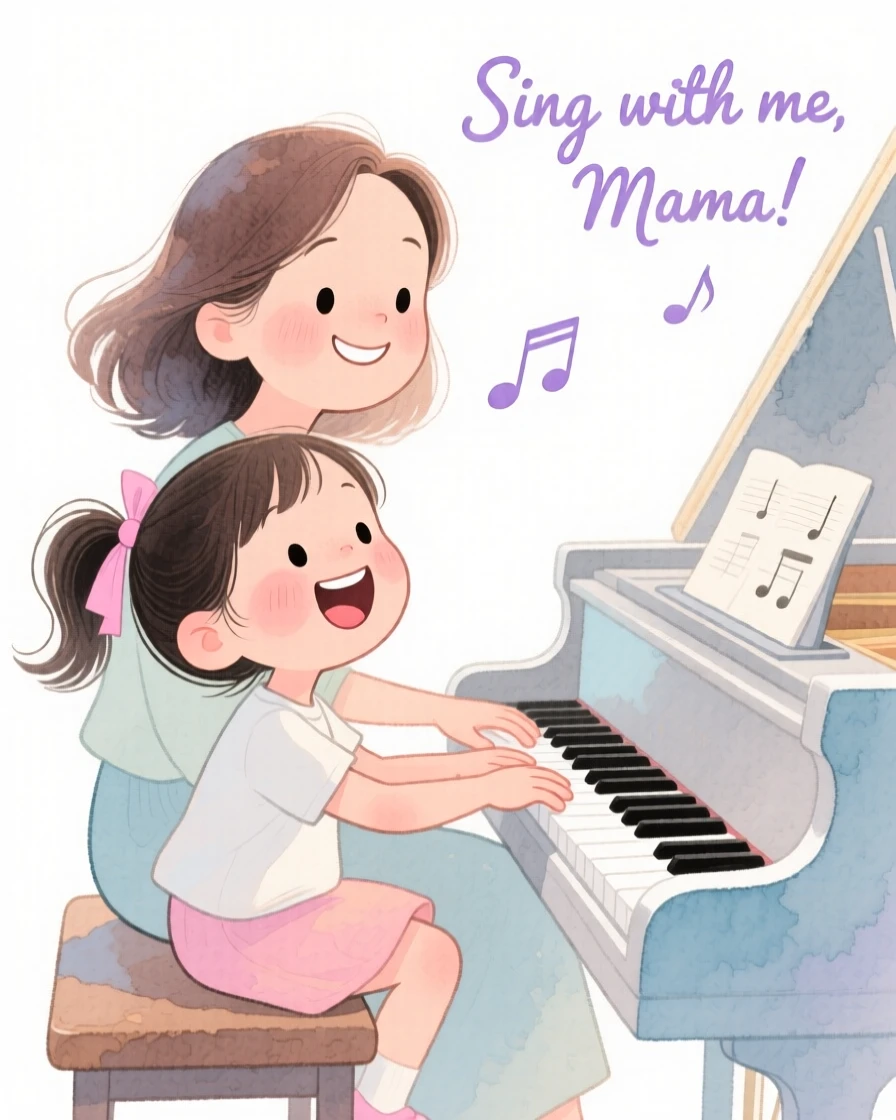 A mother and daughter singing together around a piano at home