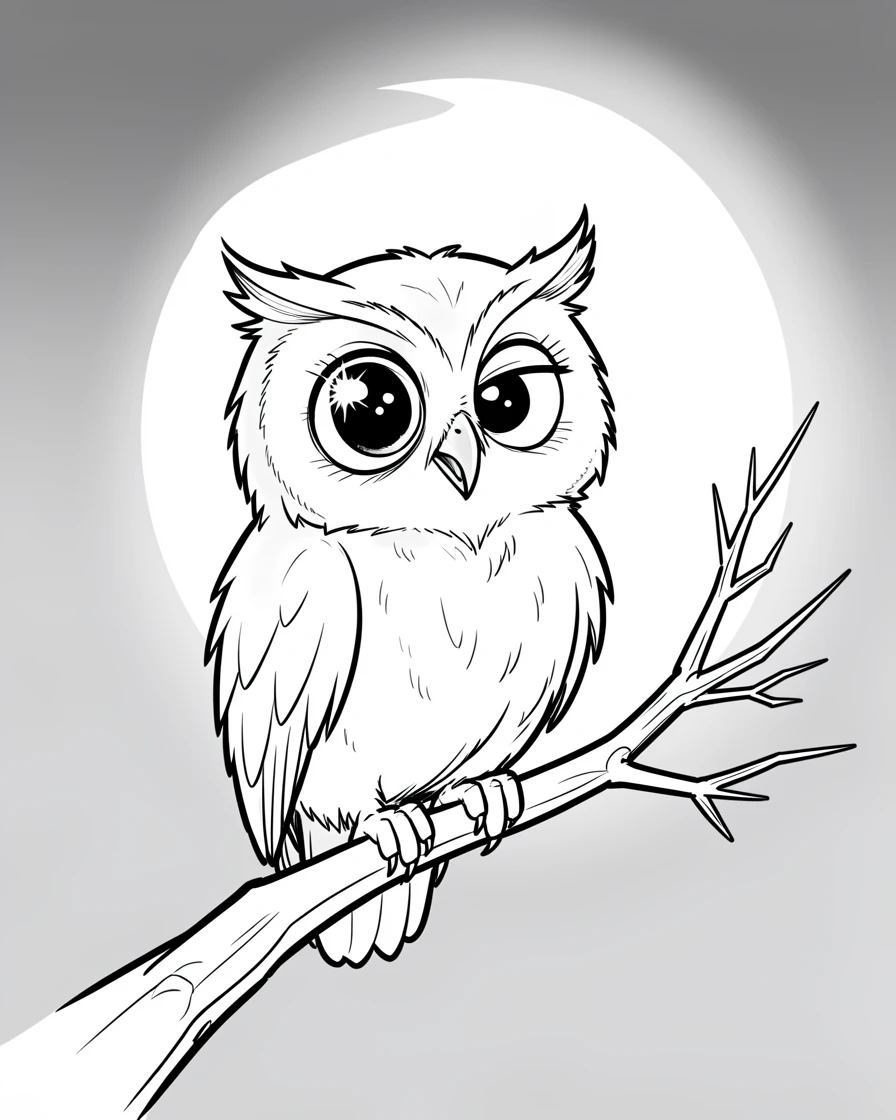 [Cute Animals & Pets] Adorable scene of a curious owl blinking wide-eyed on a moonlit branch, bursting with charm and playful energy