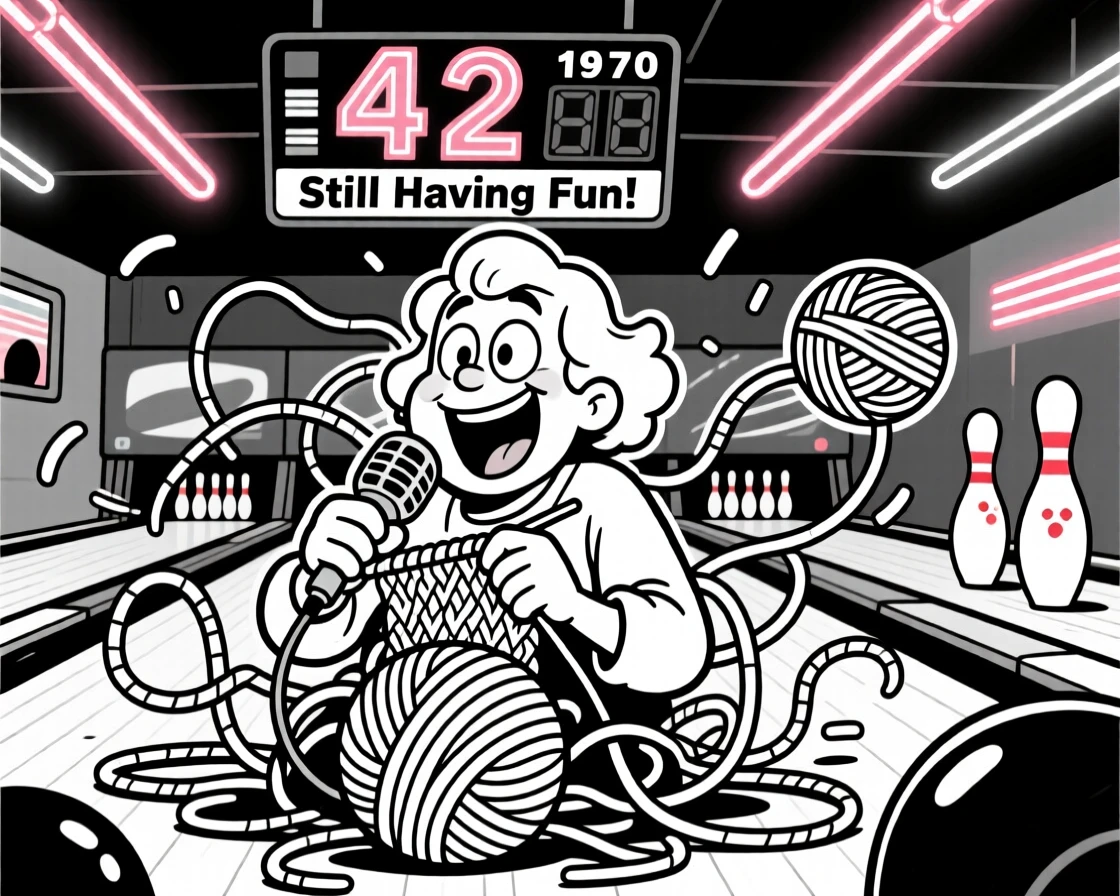 A knitter surrounded by an impossibly tangled ball of yarn, clutching the microphone with both hands, set at a retro bowling alley with neon lights. A scoreboard nearby shows an embarrassingly low number. It's a joyful celebration of trying your best, wins and all.