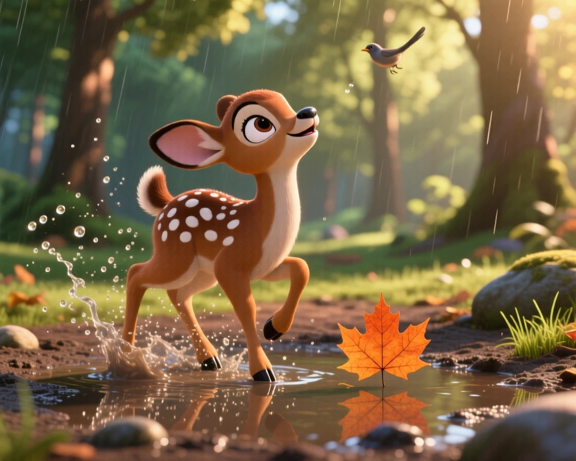 A spotted fawn is splashing in a shallow puddle after rain, looking up with big curious eyes. The scene feels warm and heartwarming, with a single fallen leaf beside it.