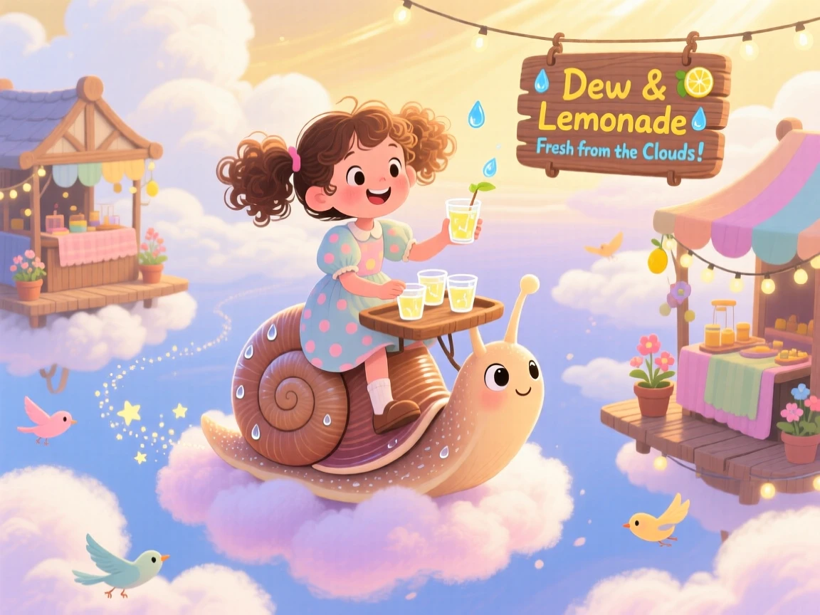 A girl riding a giant snail delights in selling tiny cups of dew as lemonade, tucked within a floating market above the clouds, with everything wrapped in a cozy, storybook charm.