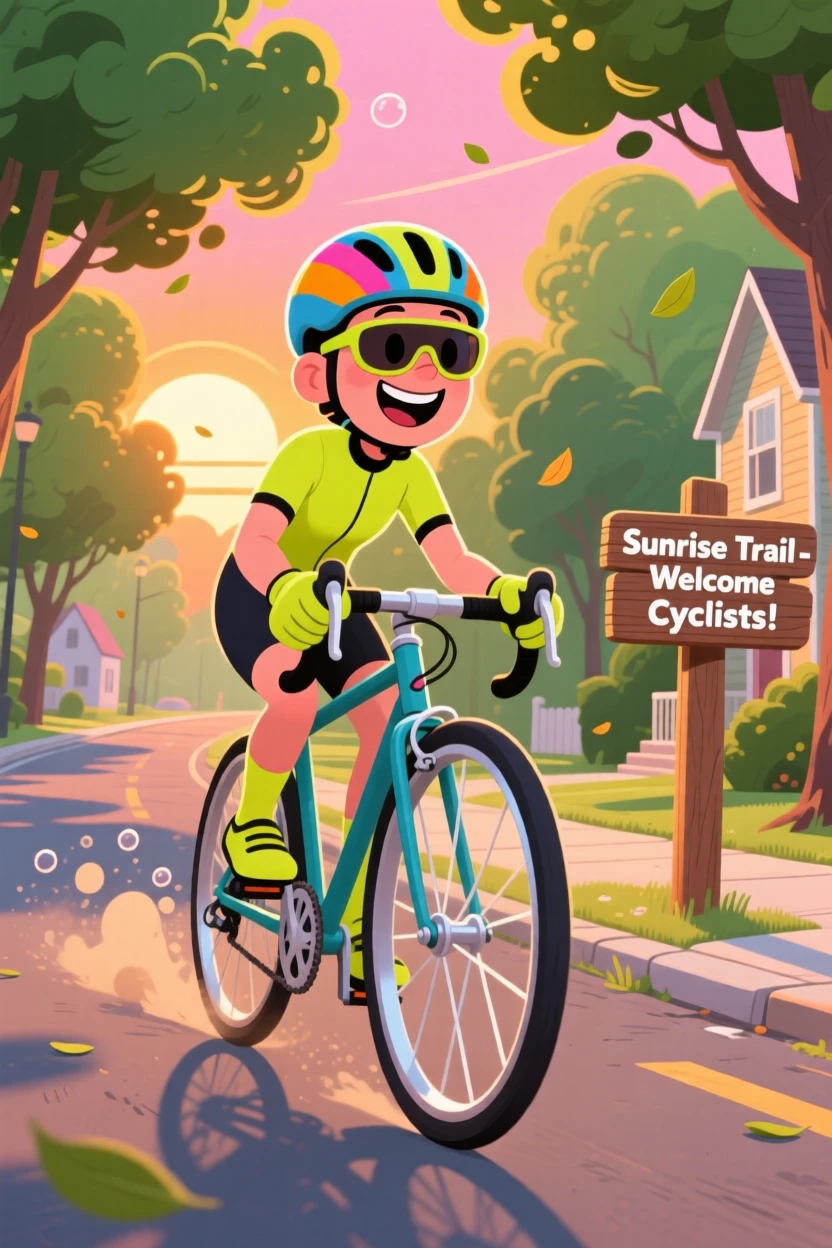 A cyclist riding through a quiet tree-lined street at sunrise.