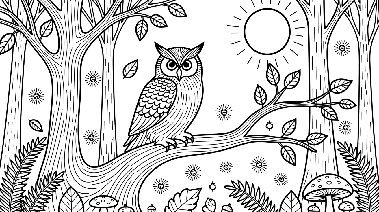 A great horned owl prowling through a moonlit forest, surrounded by fireflies and drifting leaves.