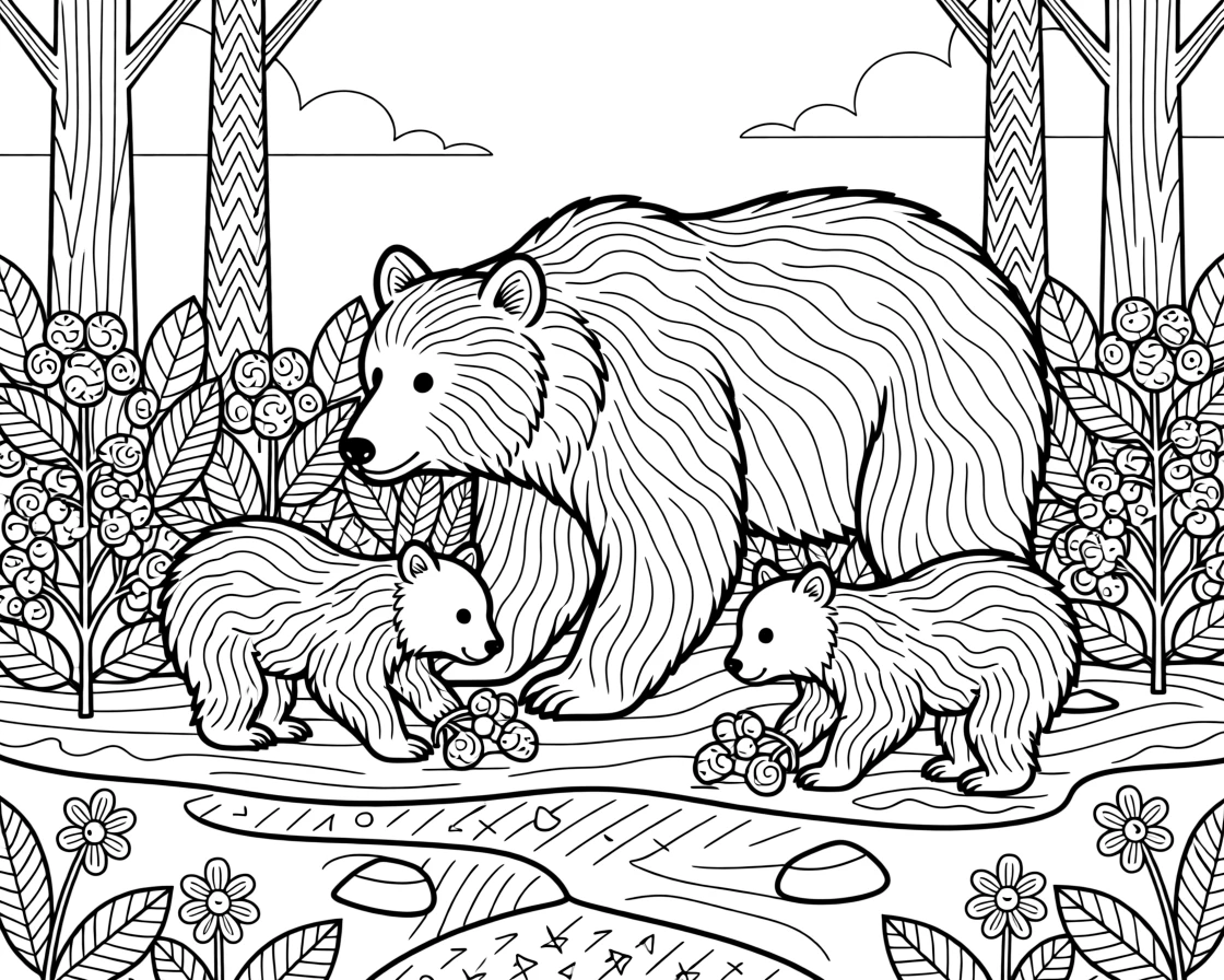 A mother bear and two cubs foraging in a berry patch.