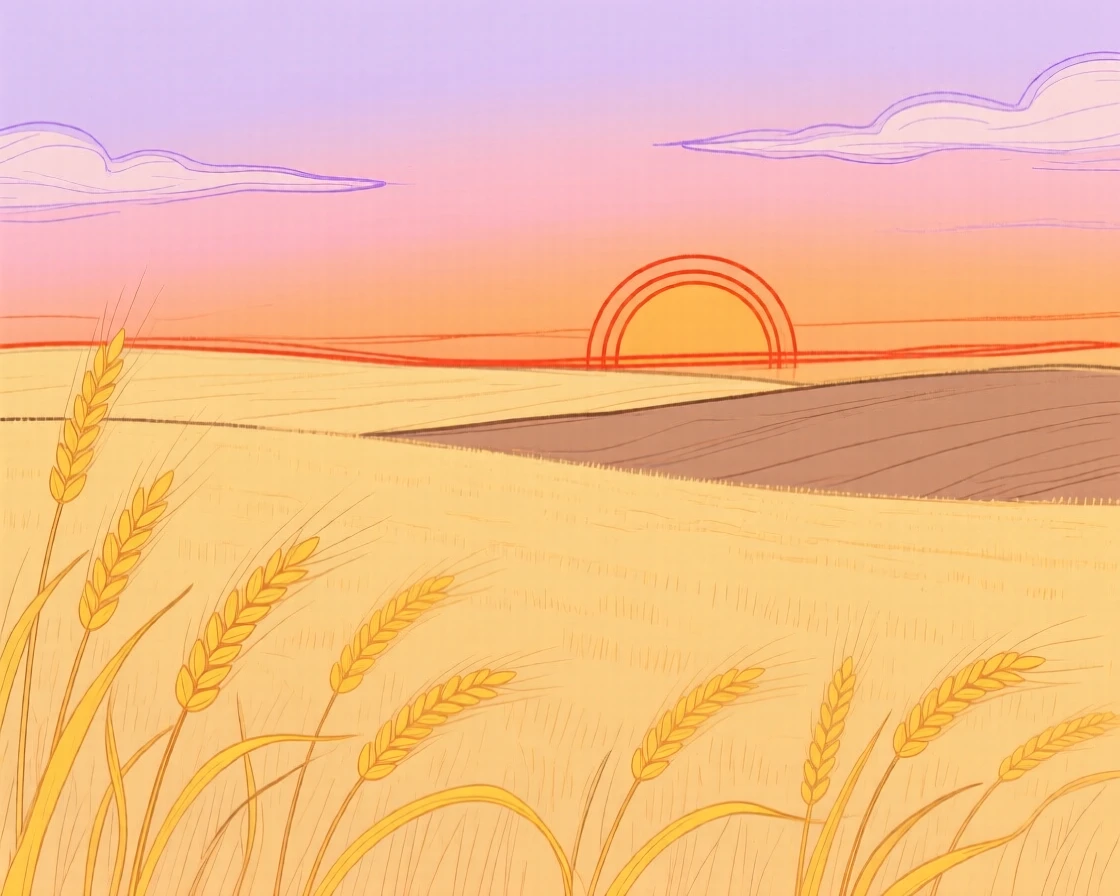 A golden wheat field stretching under a summer sunset.