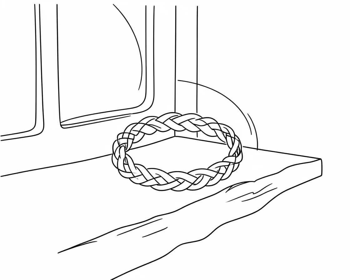 A woven friendship bracelet resting on a sunlit windowsill