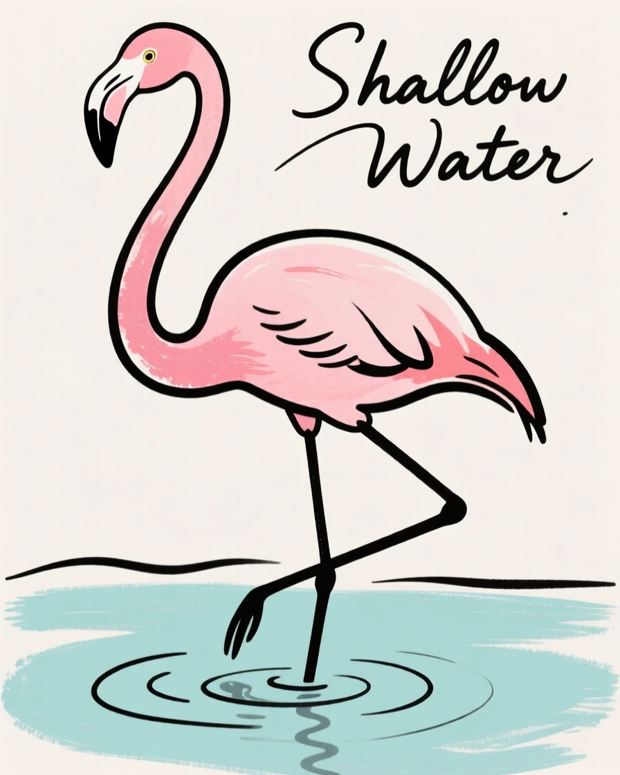 A flamingo standing in shallow water