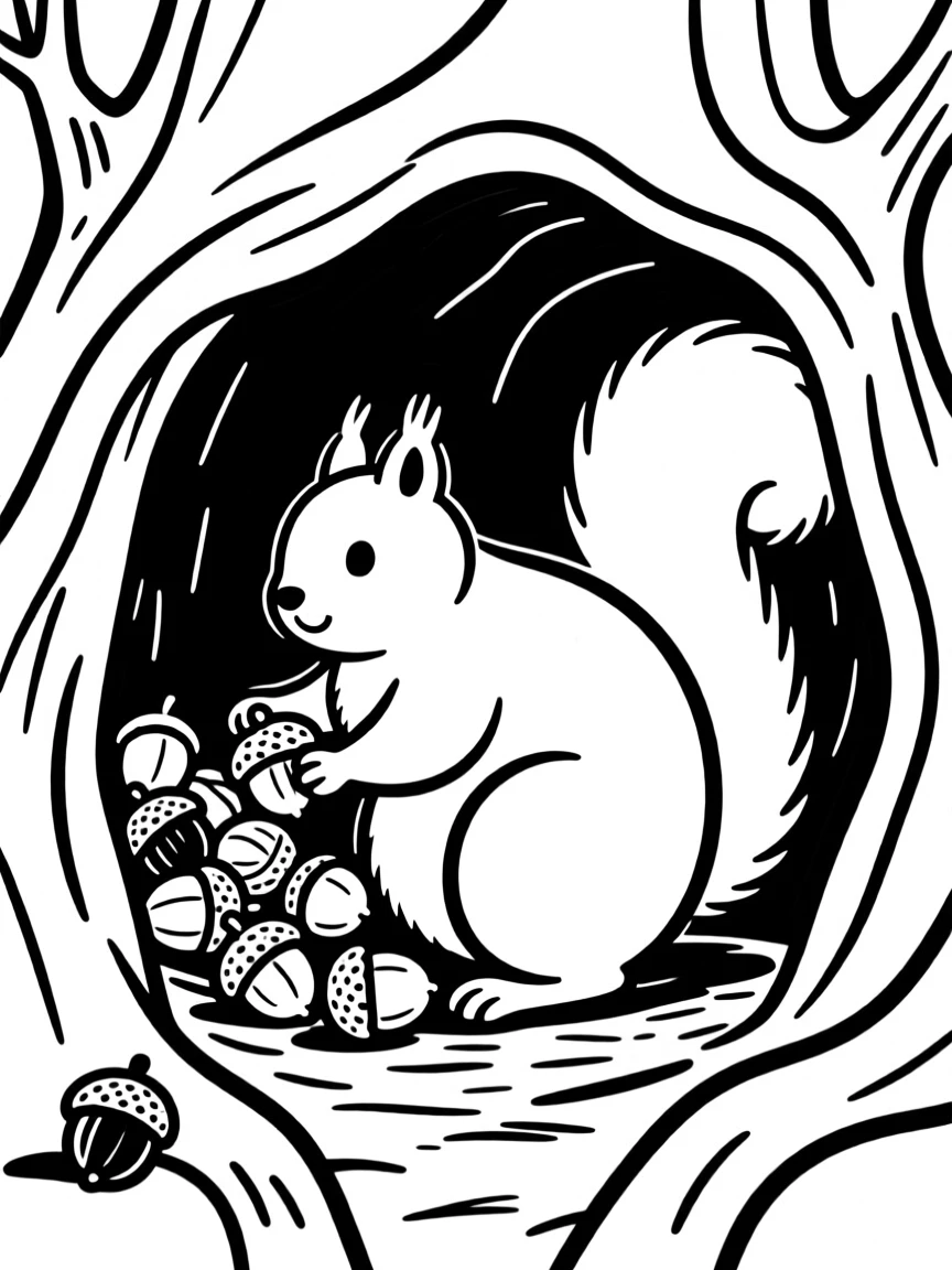A plump squirrel character hoarding acorns in a cozy tree-hollow home.