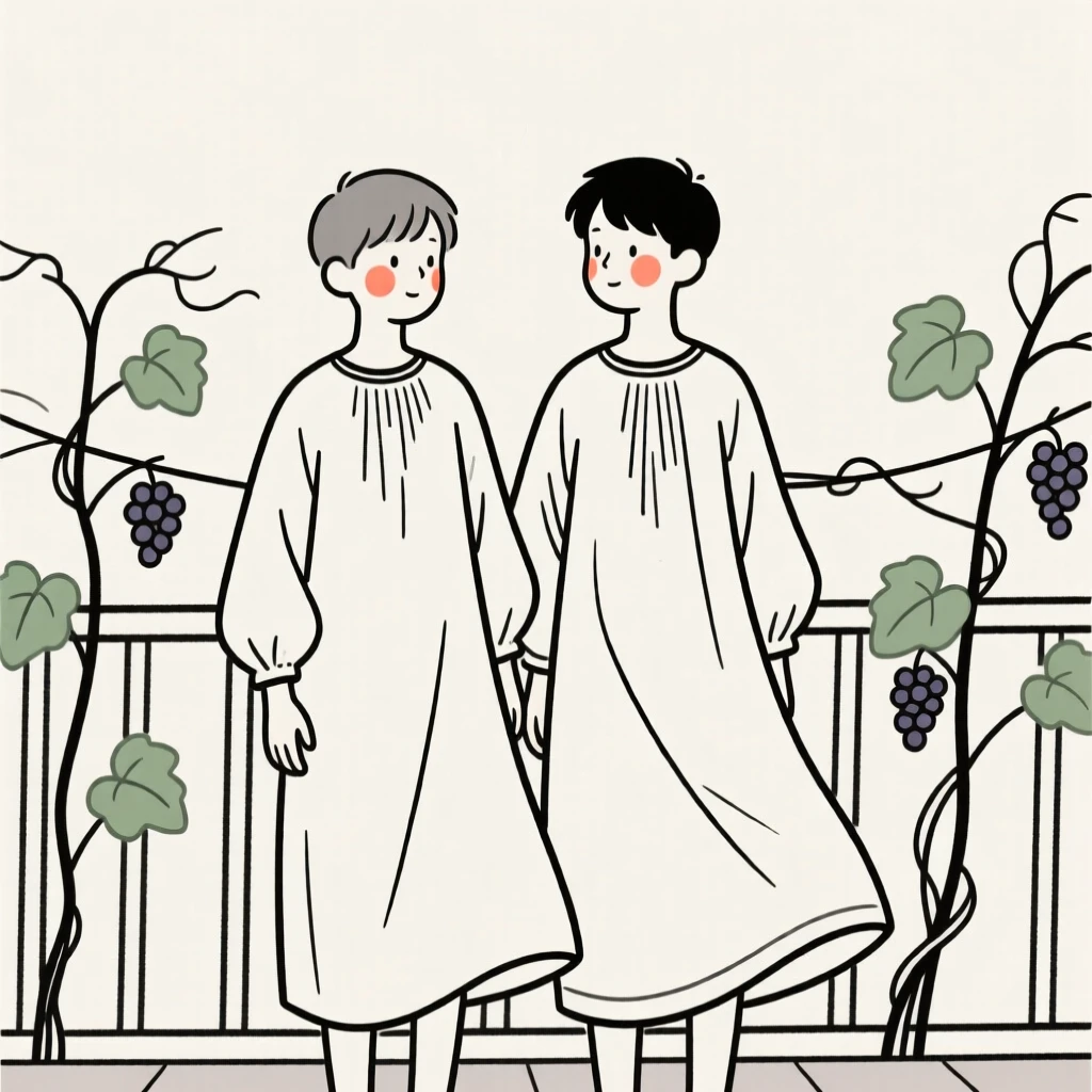 Twin brothers of Russian heritage in a flowing bohemian dress, glowing with nostalgia, on a vineyard terrace.