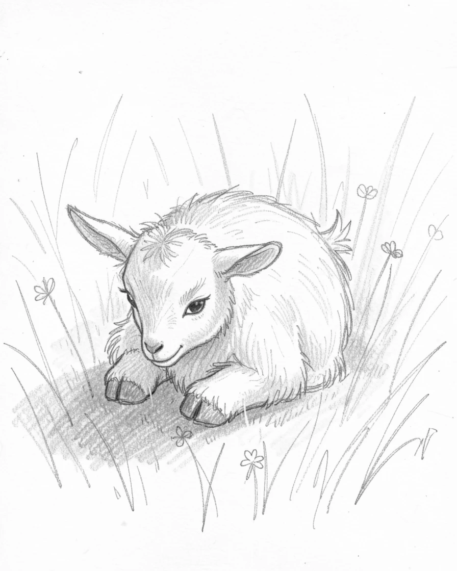 A shy pygmy goat playing in a sunlit meadow, with tiny paws tucked beneath its body.