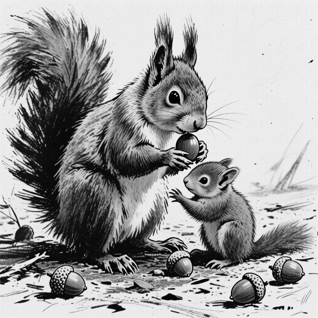 A squirrel gathering acorns grooming its young with gentle care.