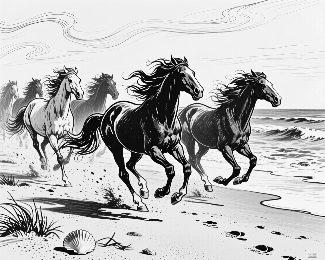 A herd of wild ponies running along a windswept beach.