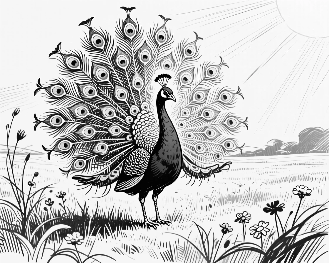 A perched peacock in a sunlit meadow, feathers fanned in fine detail, capturing a noble and powerful moment in nature with a strong, centered focal point.