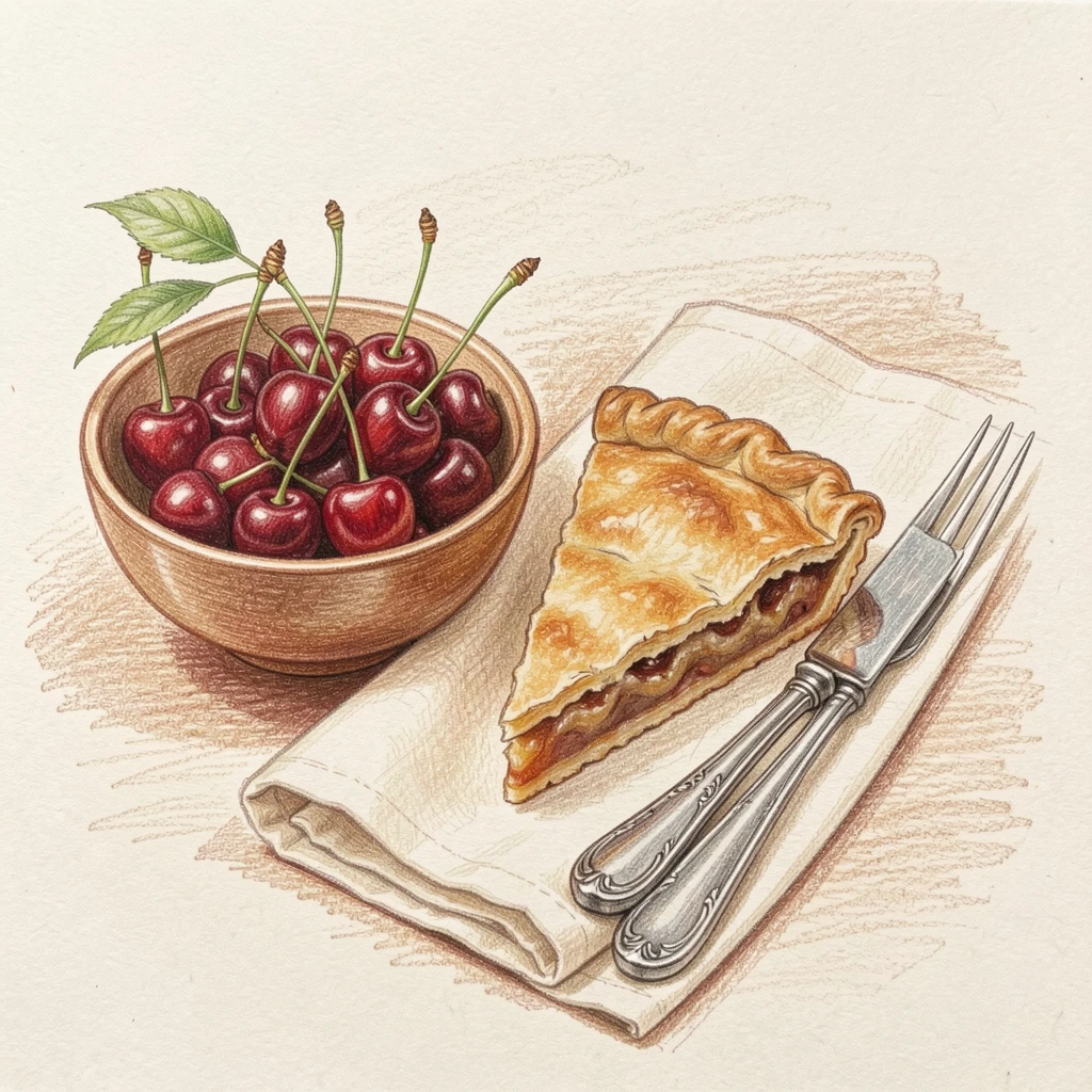 A bowl of fresh cherries beside a wedge of homemade pie, with a linen napkin and vintage cutlery nearby, perfect for a warm, homey, appetite-inducing scene.