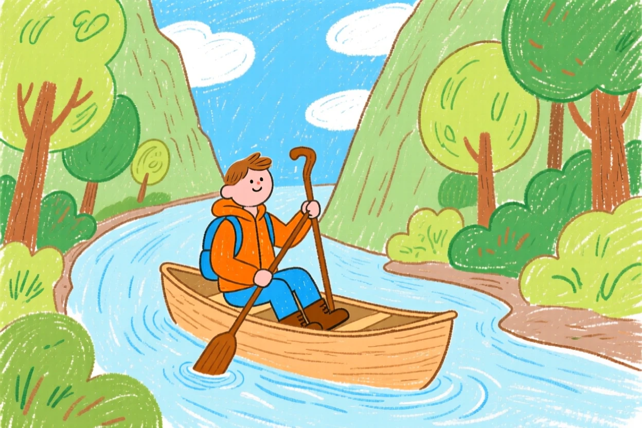 A hiker with a walking stick paddling through a quiet forested canyon.