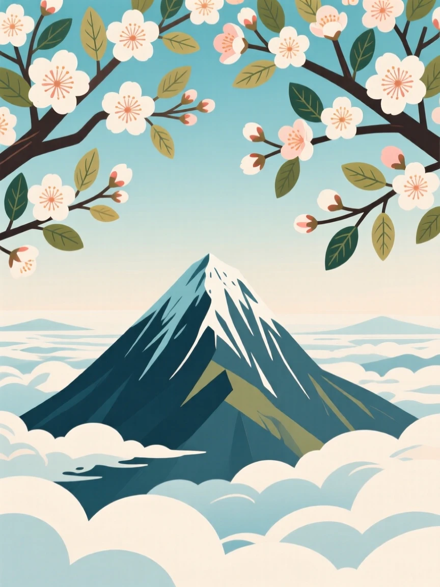 A remote mountain summit above a sea of clouds, beneath a canopy of blooming branches, composed with strong leading lines drawing the eye inward, with delicate textures visible in every leaf and petal.