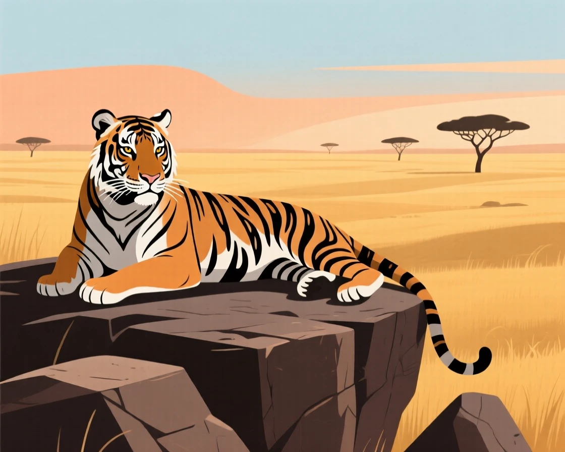 A majestic tiger resting on a rocky outcrop overlooking the savanna.