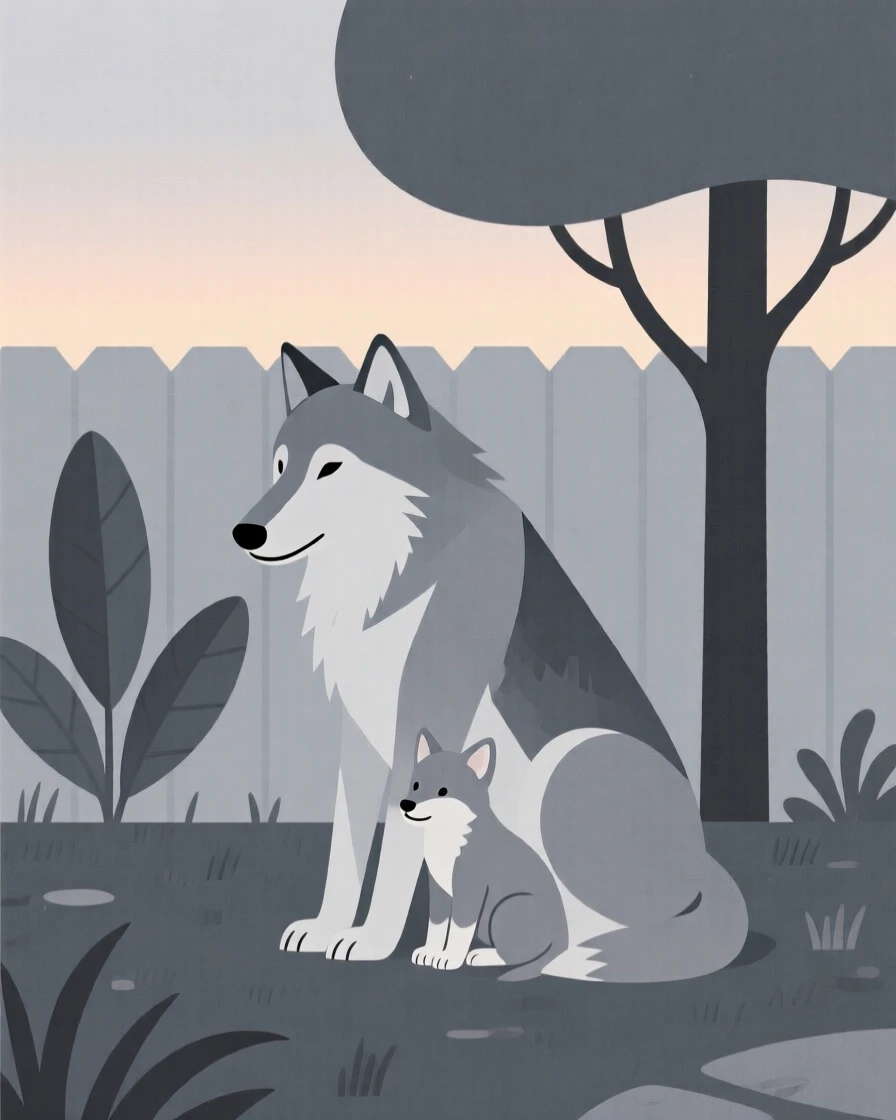 A gray wolf and its young settling in as the light fades together in a quiet backyard garden, expressing quiet tenderness.
