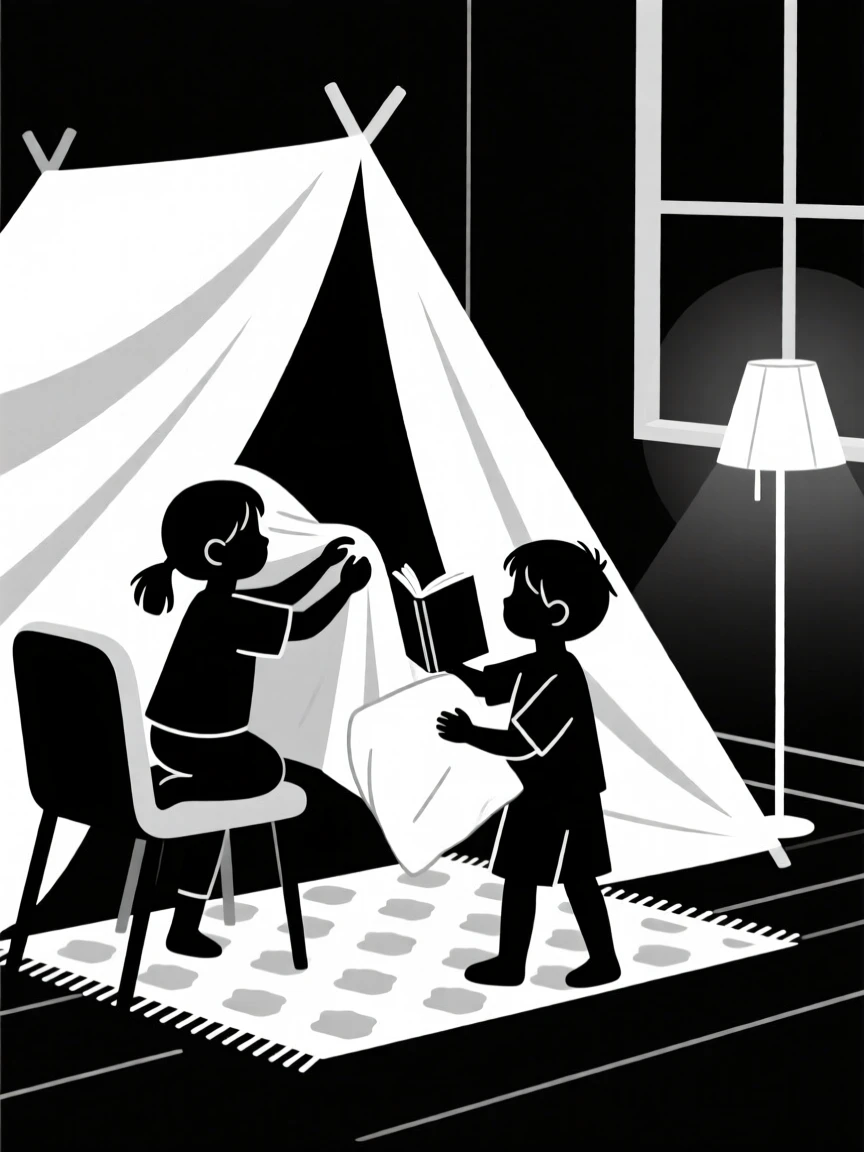 Siblings building a blanket fort together.