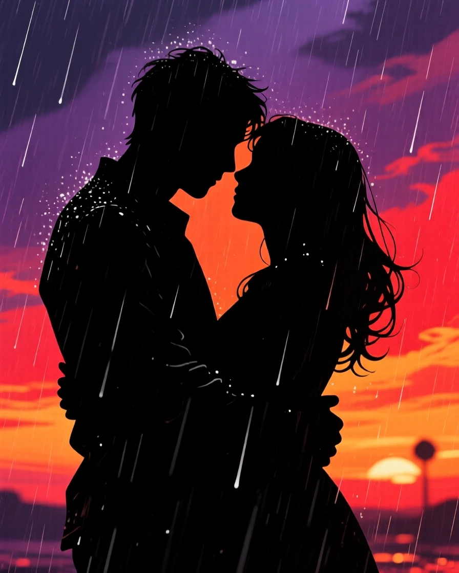 A couple embracing tightly in the pouring rain, oblivious to the storm around them.