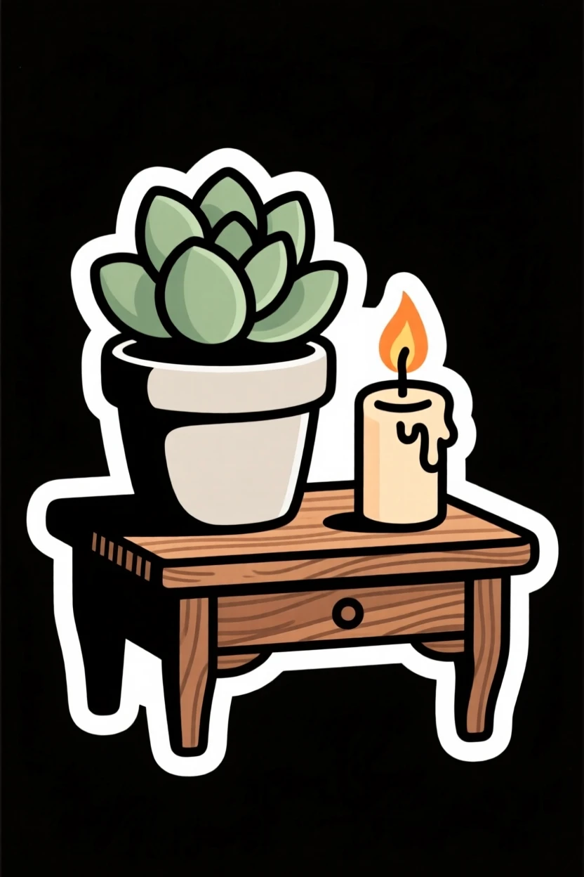 A delightfully simple potted succulent plant, placed next to a lit candle, on a vintage wooden desk.