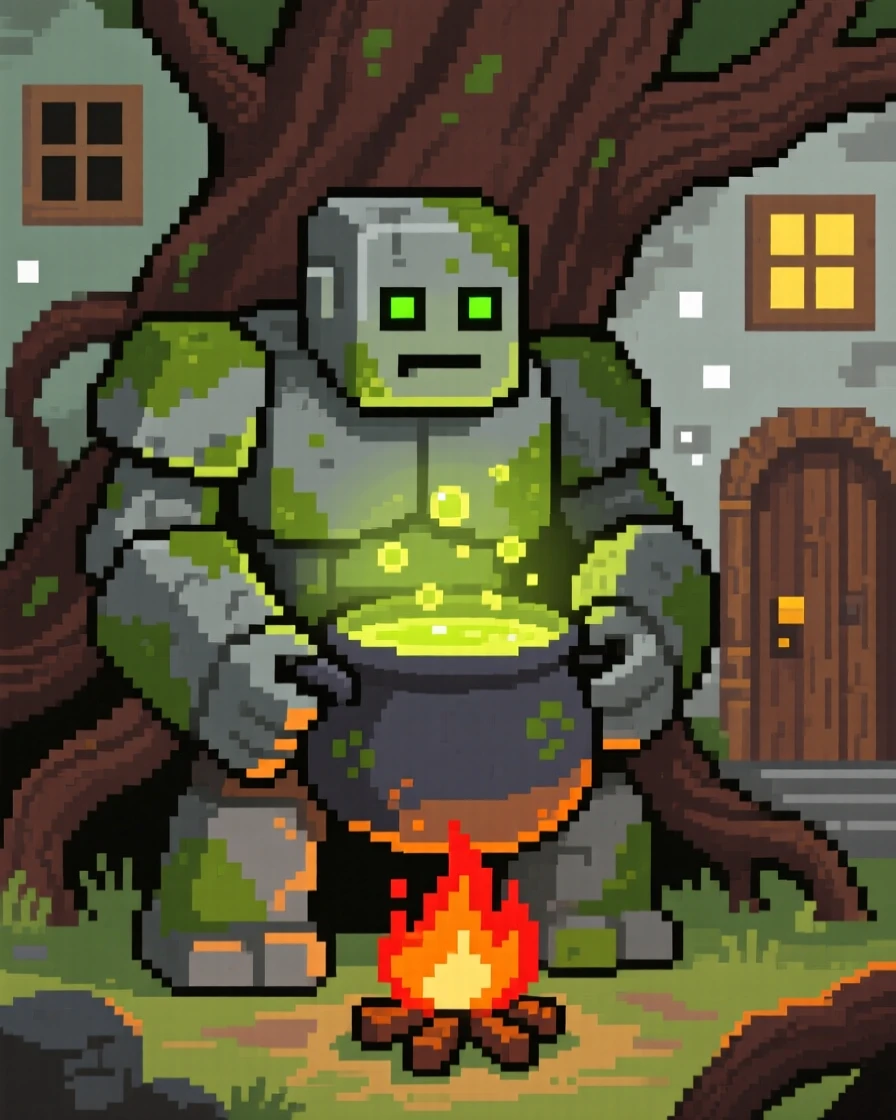 A moss-covered stone golem brewing a glowing potion over a small fire, in a village built into giant tree roots.