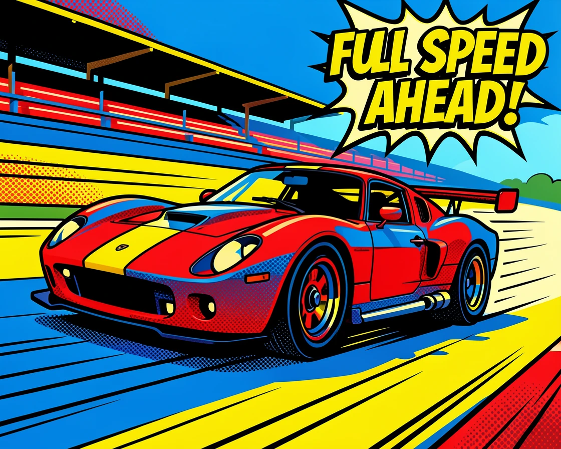 A sleek race car speeding around a sunlit track
