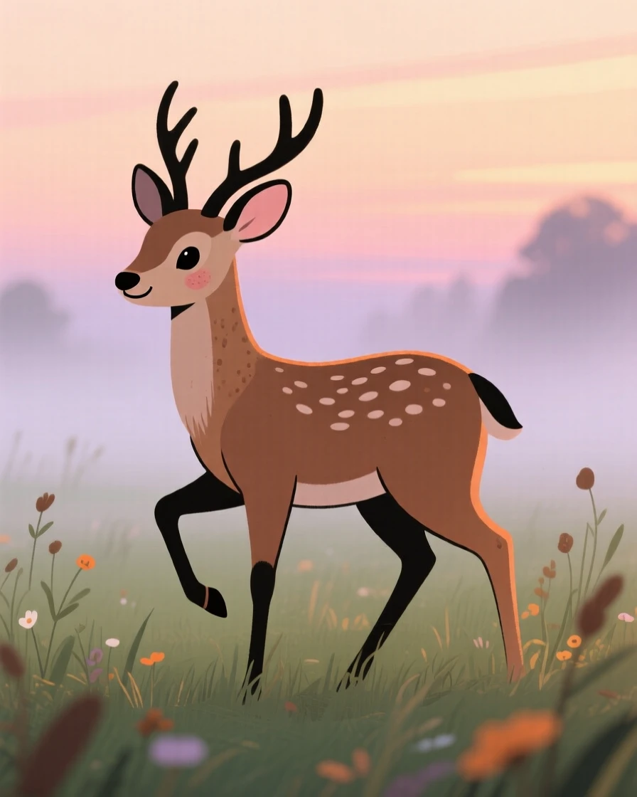 A deer stands at the edge of a misty meadow, pausing mid-step as the evening glow paints the sky in warm colors.