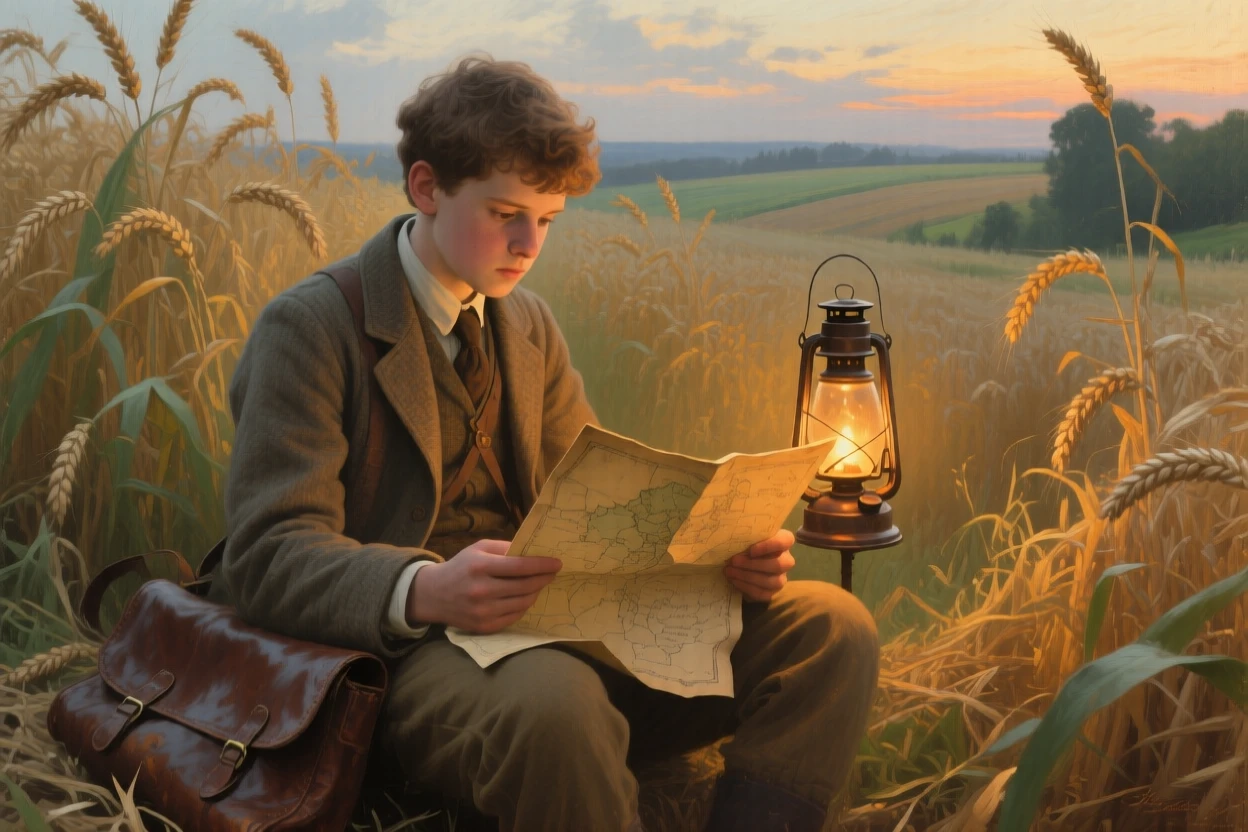 A centered composition of a young explorer studying a worn map by lantern light, during the summer harvest, in the Edwardian era.