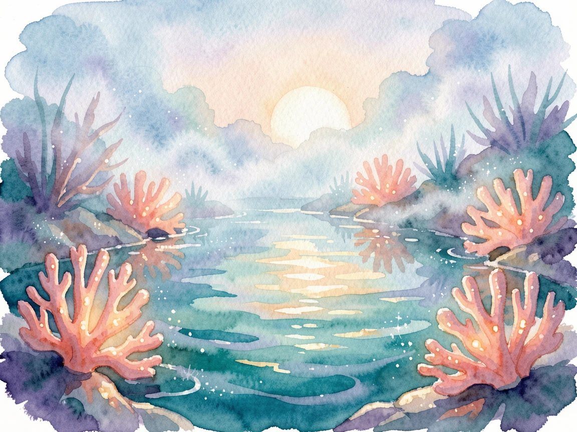 A mermaid lagoon lit by glowing coral surrounded by sparkling mist.