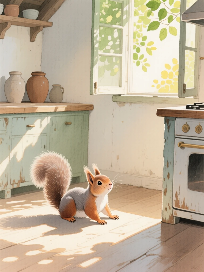 A baby squirrel stretches in a patch of sunlight in a rustic farmhouse kitchen, while soft light filters through nearby leaves