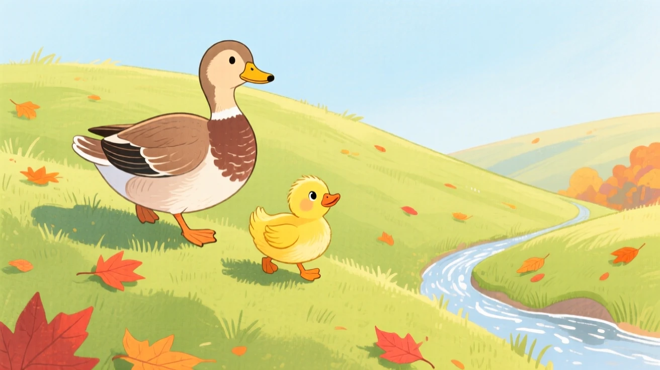 A duckling following its mother discovering something new in a rolling green hillside on a crisp autumn afternoon.