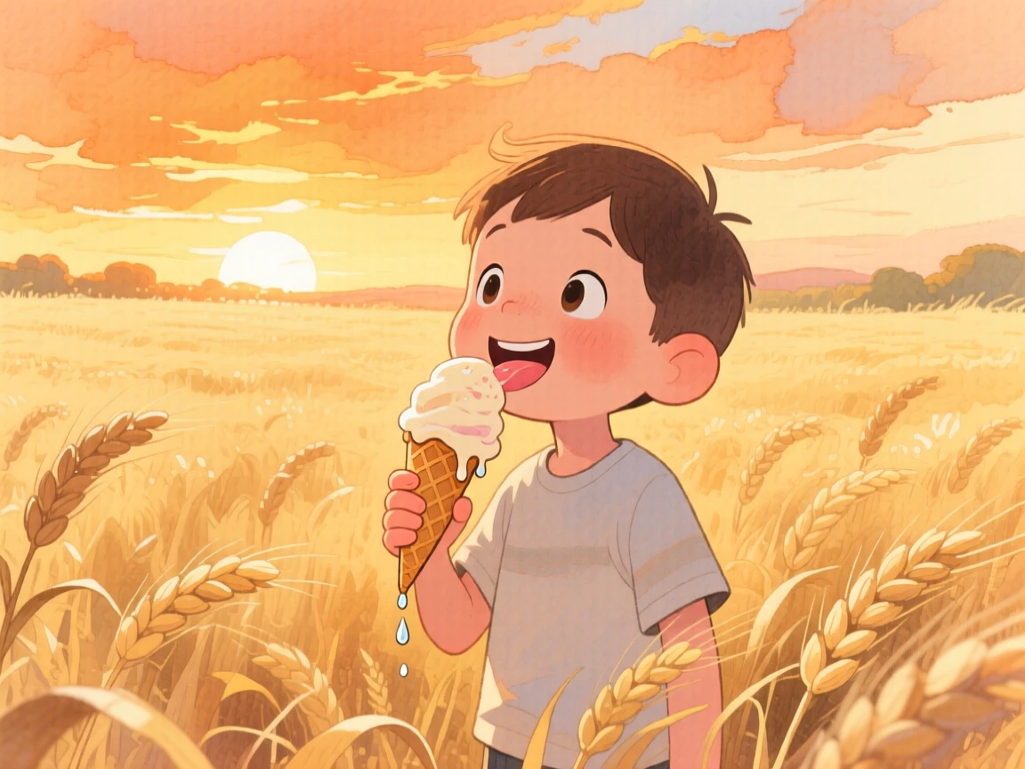 A curious little boy licking an ice cream cone that's starting to melt, in a golden wheat field at sunset, showing the magic of a simple, joyful moment.