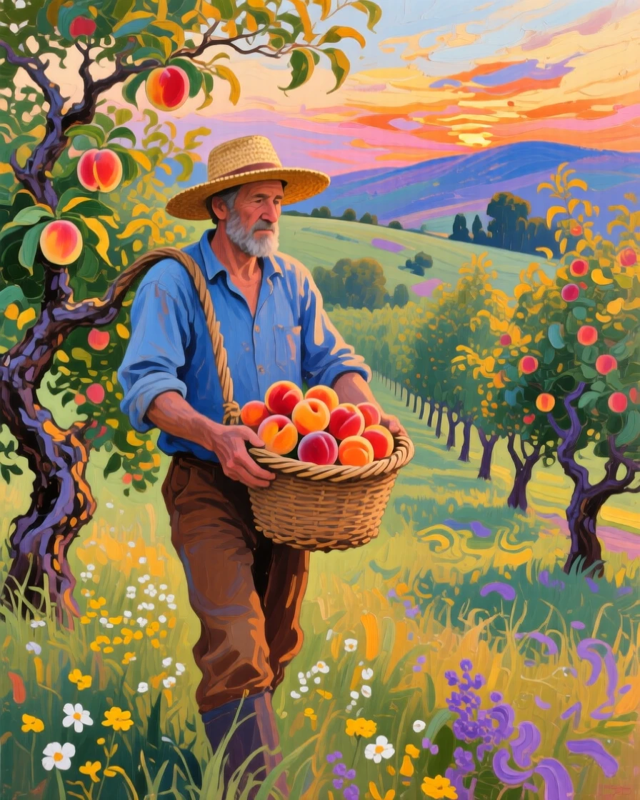 a farmer carrying a basket through an orchard, on a gentle summer evening, with layered visual detail from foreground to horizon.
