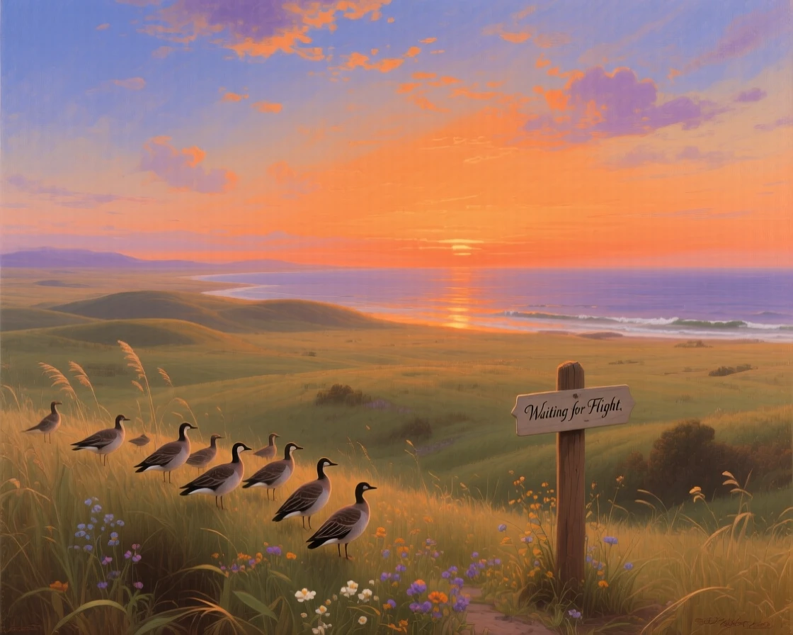 A flock of birds waits beneath a horizon glowing orange over the sea across an endless prairie.