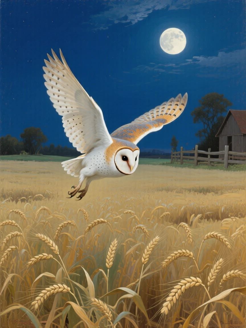 A barn owl swooping silently over a moonlit wheat field, muscles tensed with powerful, controlled grace, highlighting the quiet majesty found in the natural world