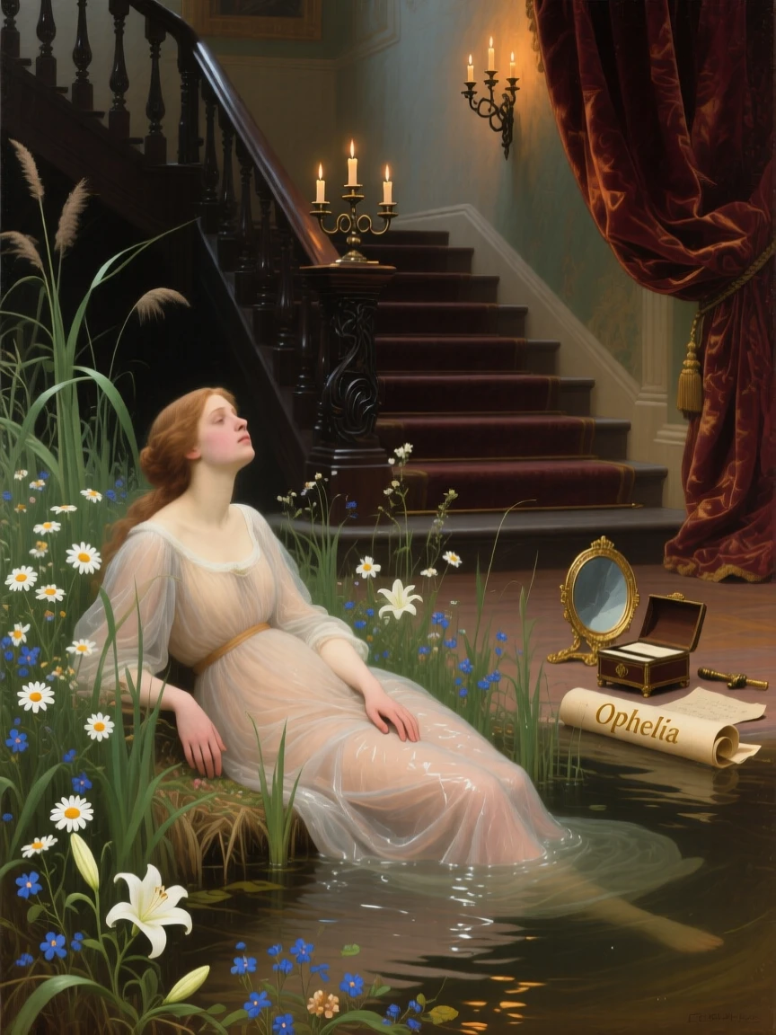 Ophelia drifting gently among wildflowers and reeds as the audience holds its breath in anticipation, set beside a grand staircase lit by flickering candelabra, with painted stage curtains and scattered theatrical props; foreground props hint at the tale without overwhelming the central figure, suggesting the enduring power of myth and memory.