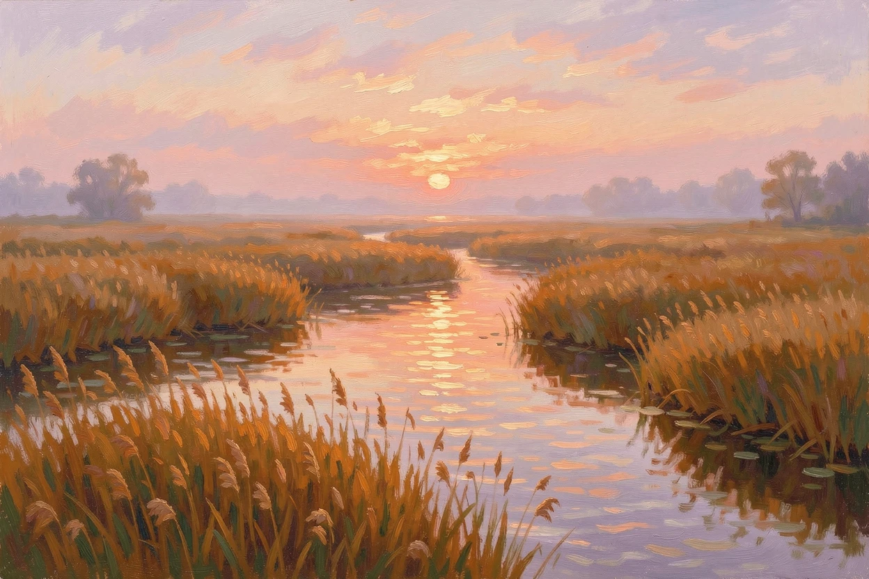 A quiet river delta at sunset, channels of water winding through golden reed beds.