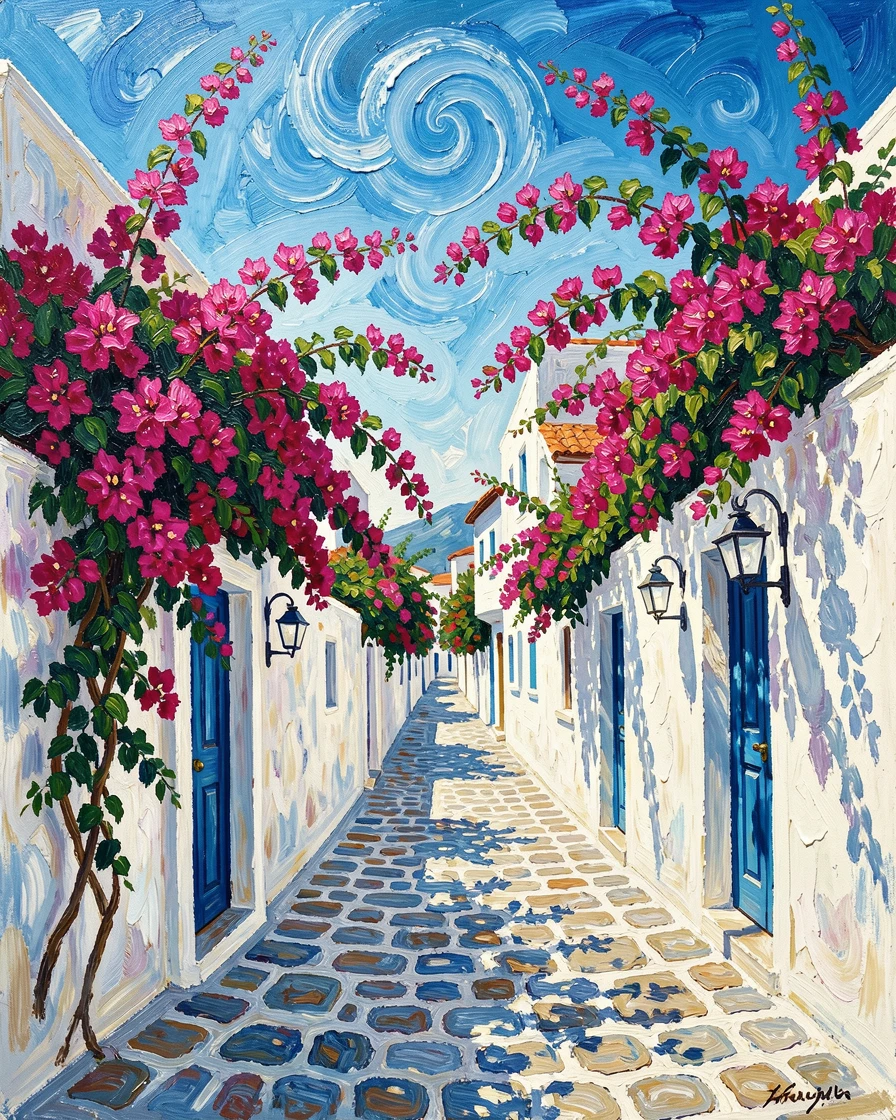A quiet Greek island street with bougainvillea spilling over whitewashed courtyard walls.