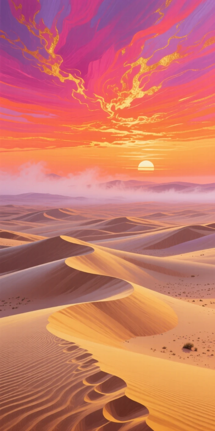 A vivid sunset explodes in shades of magenta and orange over the Sahara desert, dunes rippling with wind-carved patterns stretching into the distance, the air carrying a faint mist that softens distant shapes without obscuring the overall view.