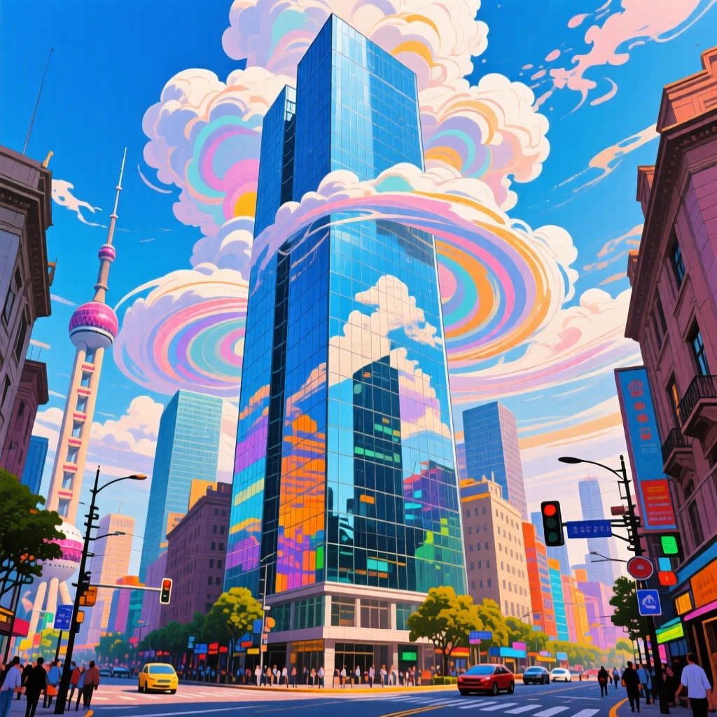 A futuristic glass skyscraper reflecting swirling clouds above a bustling Shanghai street
