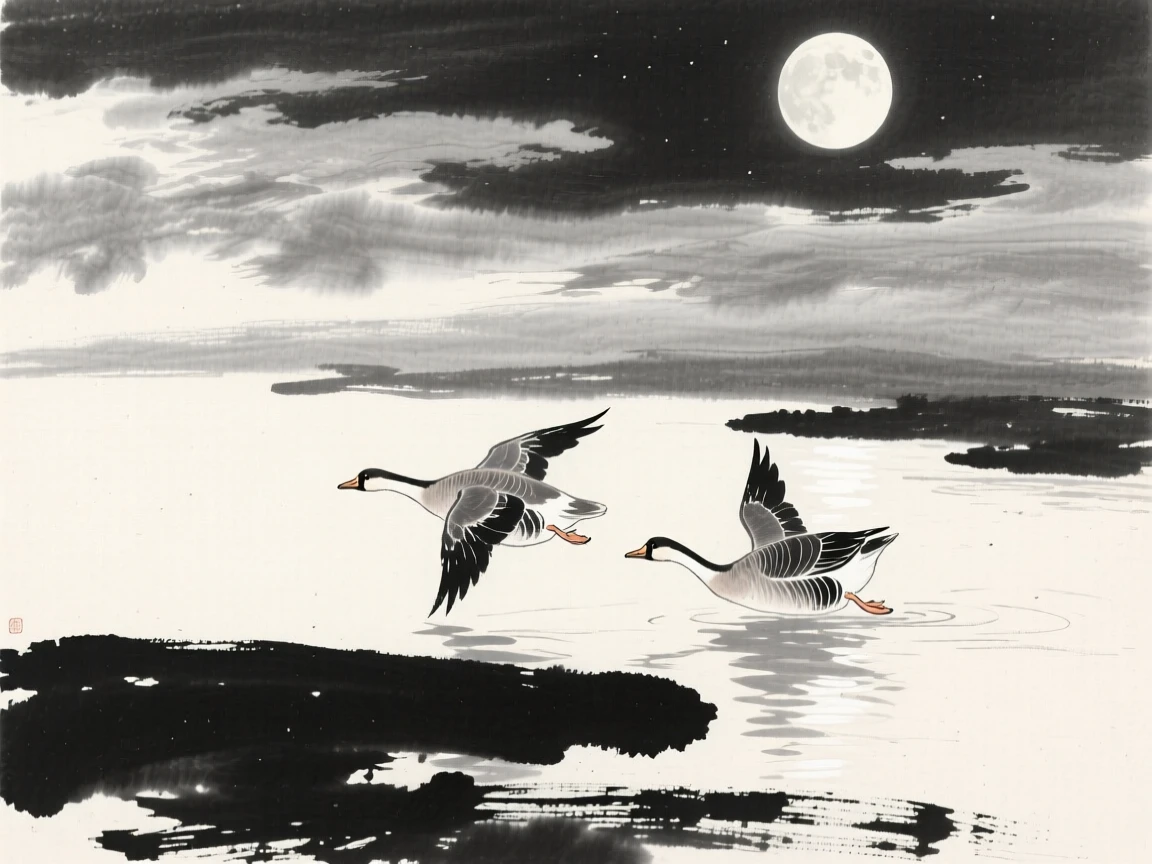 A pair of geese glide low over a moonlit river, beneath a sky filled with drifting clouds.