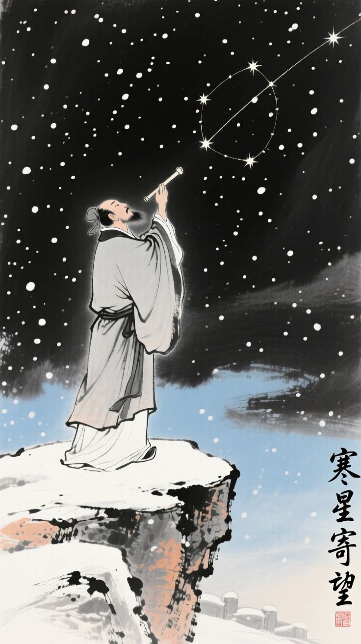 An ancient astronomer observing the stars from a stone platform at night, under the first snow of winter, carrying a mood of wistful nostalgia.