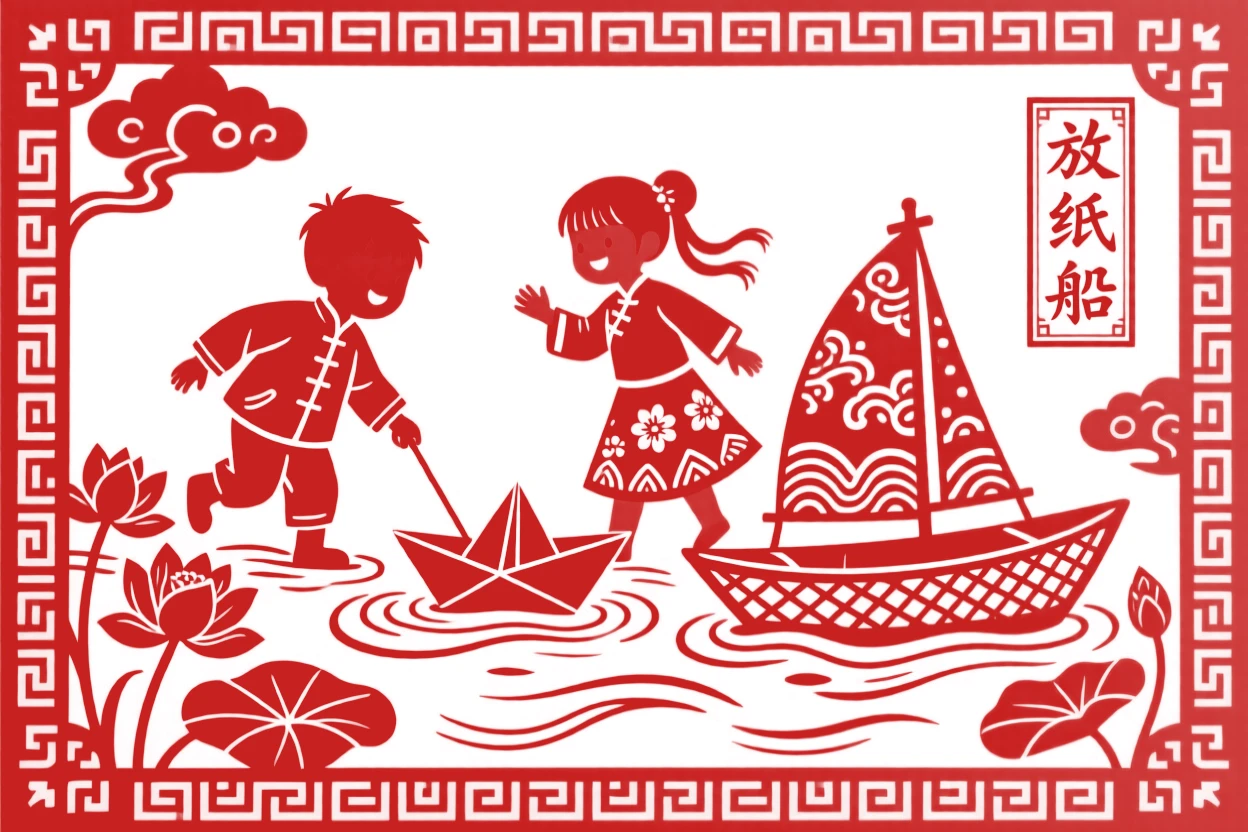 A boy and girl launching paper boats into a stream, watching them bob and drift downstream