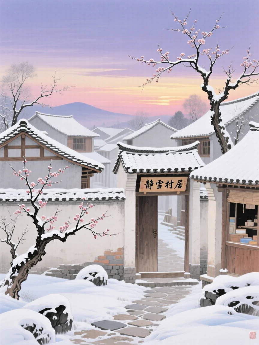 A quiet snowfall settling over a sleeping village at dusk, beneath a sky streaked with the colors of early morning