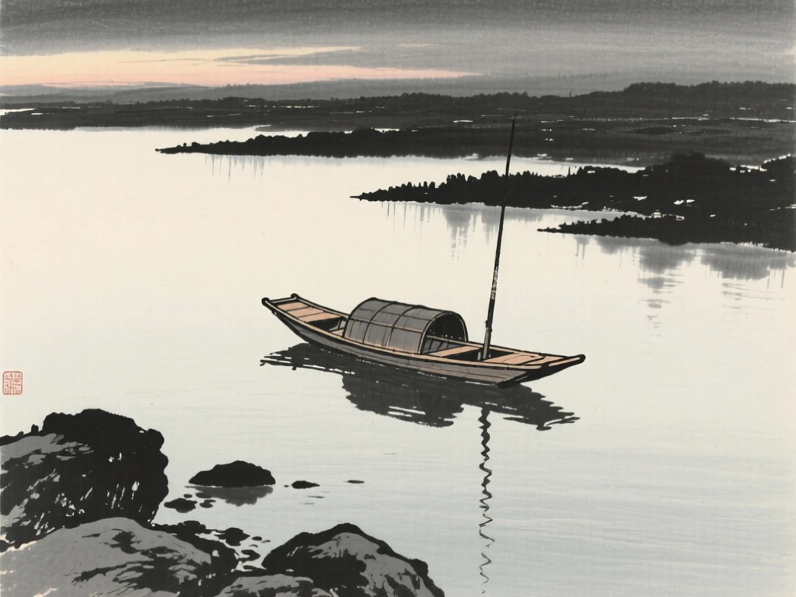 A lone wooden boat drifting on a still, glassy river as evening shadows stretch long across the land, framed low, with the foreground rocks leading the eye toward the distance, conveying calm reflection and gentle isolation.