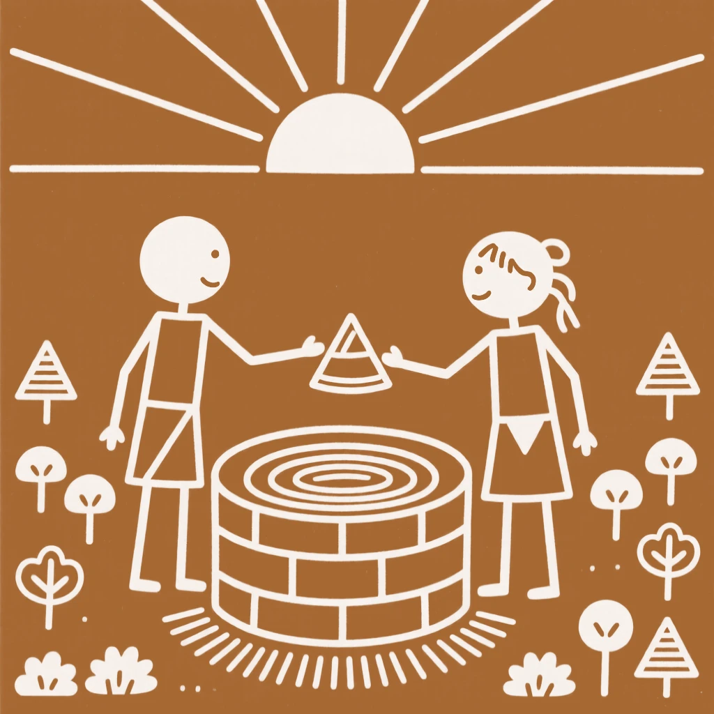 Two childhood friends passing on a family recipe near a well at sunrise.