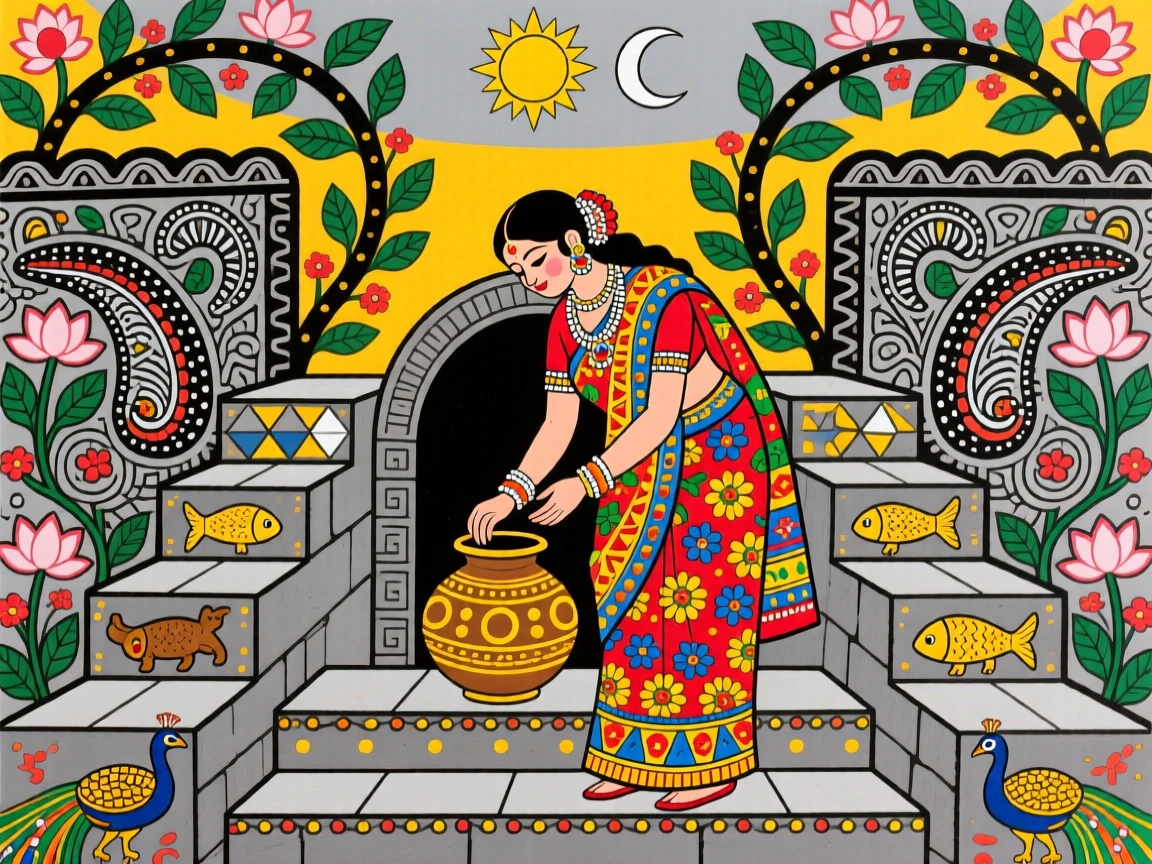 A woman filling her brass pot at a stepwell lined with carved stone.