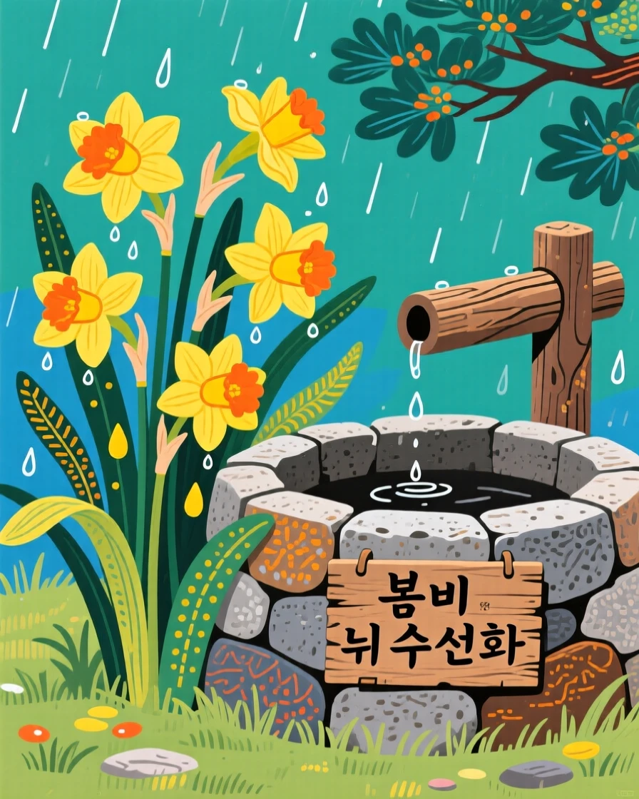 Daffodils after spring rain beside an old well.